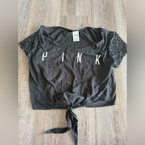 Victoria's Secret PINK Black Sequin Sleeve Tie-Front Crop Top